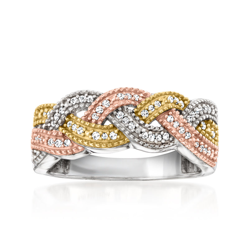 Tri-colored braided sterling silver diamond ring with pink, yellow, and white gold tones