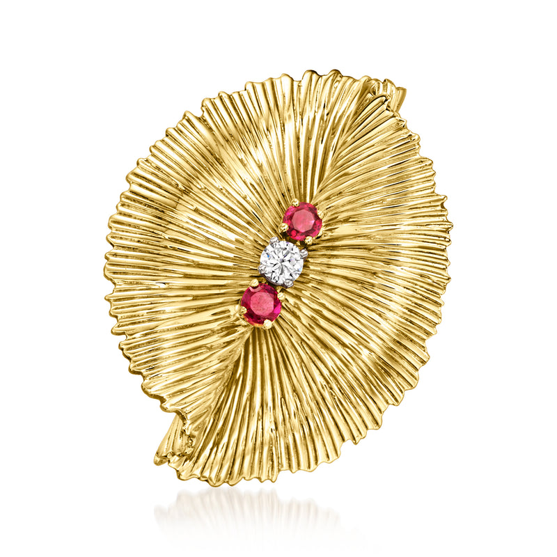Vintage 18k yellow gold fluted pin with red ruby and white diamond accents, round sunburst