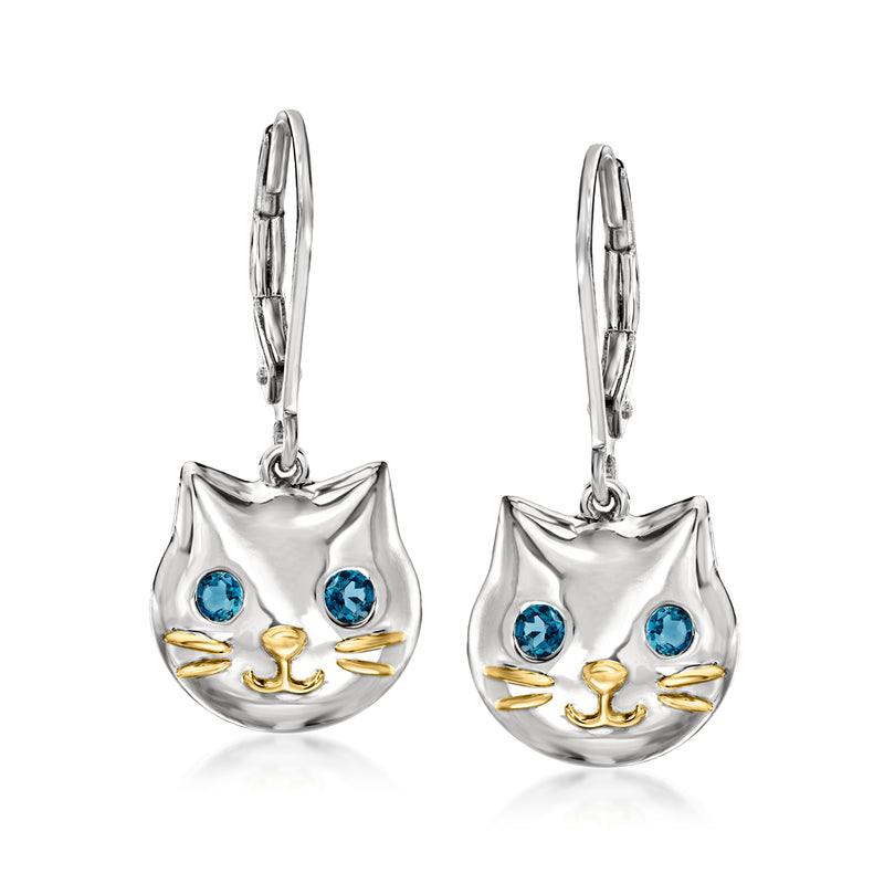 Cat drop earrings in sterling silver with 18kt gold accents and blue topaz eyes