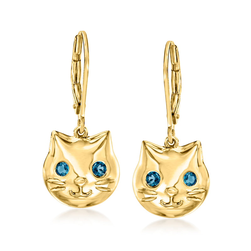 Gold cat drop earrings with blue gem eyes and leverback closures, cat-face silhouette
