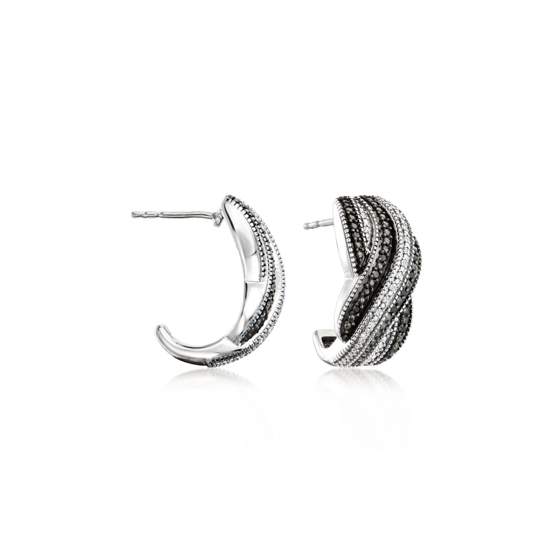 Sterling silver twisted J-hoop earrings with black and white striped detailing