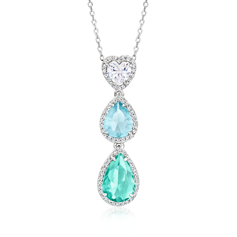 Sterling silver pendant necklace with heart, blue teardrop, and green teardrop stones