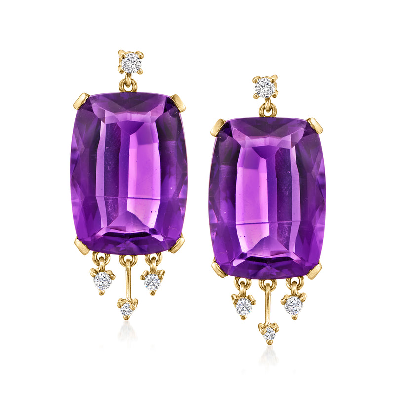 Amethyst drop earrings in 14kt yellow gold with diamond accents, purple cushion cut.