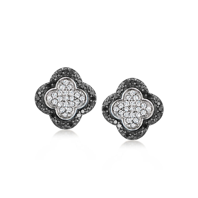 Black and white diamond clover stud earrings in sterling silver, post backs