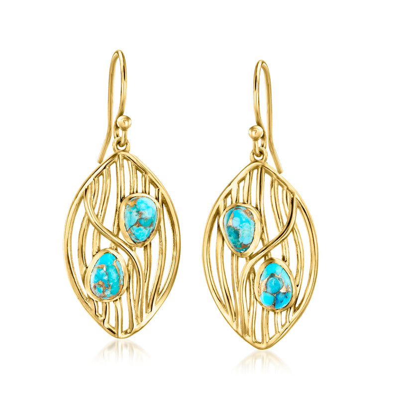 Gold-tone drop earrings with turquoise cabochon stones and filigree oval frames