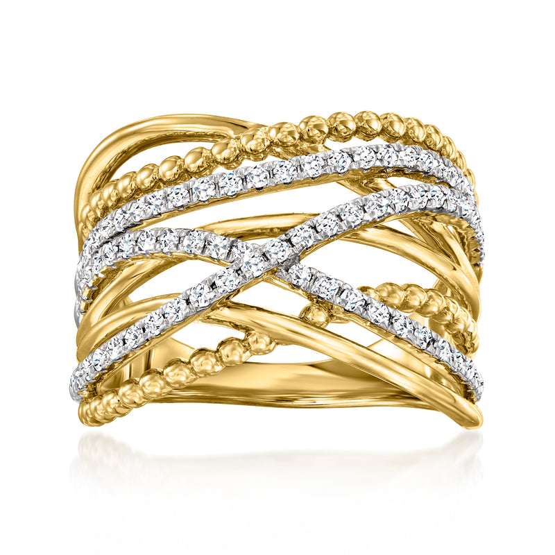 14k yellow gold diamond crisscross beaded ring with pavé rows