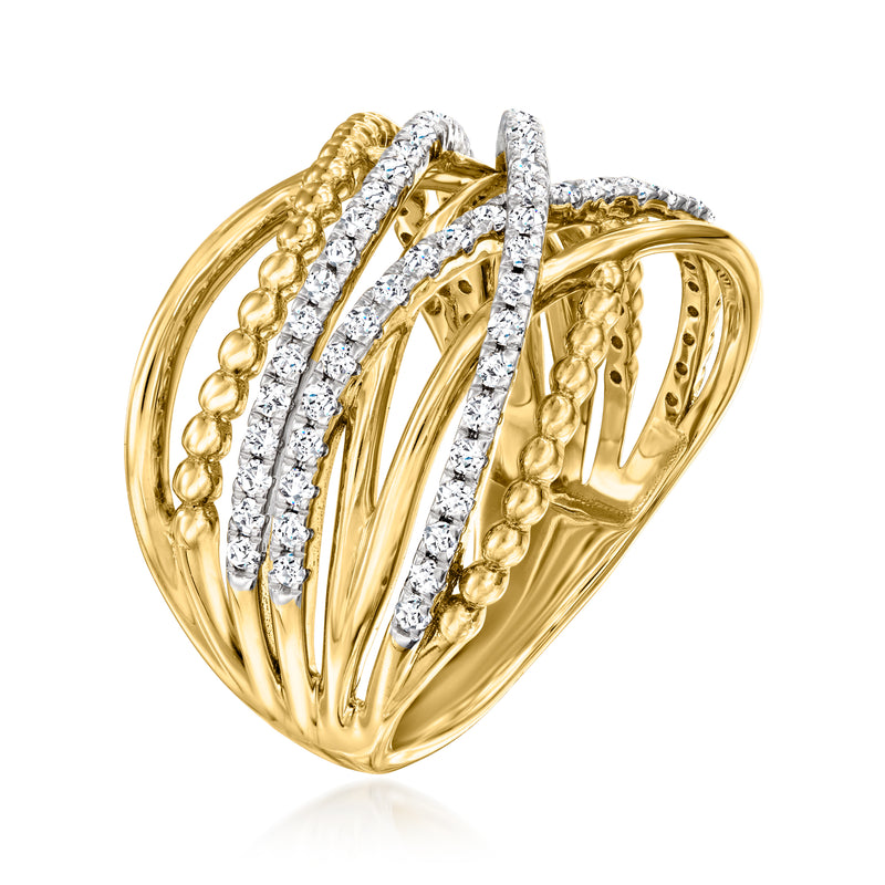 14kt yellow gold diamond beaded highway ring with layered bands