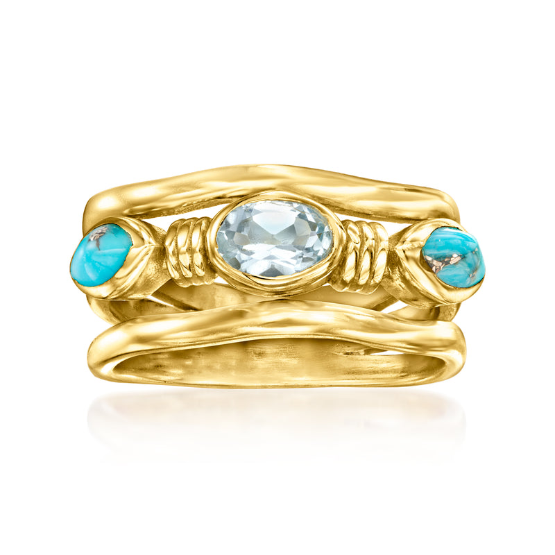 18kt gold over sterling ring with oval sky-blue topaz and turquoise side stones