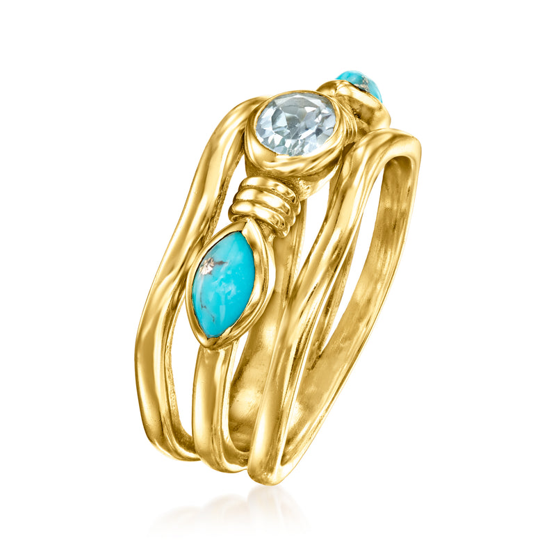 18kt gold over sterling ring with oval sky-blue topaz and two turquoise accents