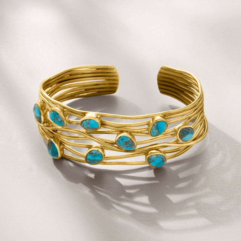 Gold cuff bracelet with turquoise oval stones on stacked wire bands