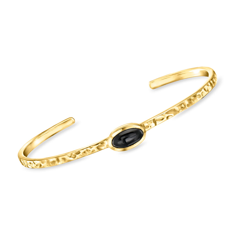Gold hammered cuff bracelet with oval black onyx stone bezel setting