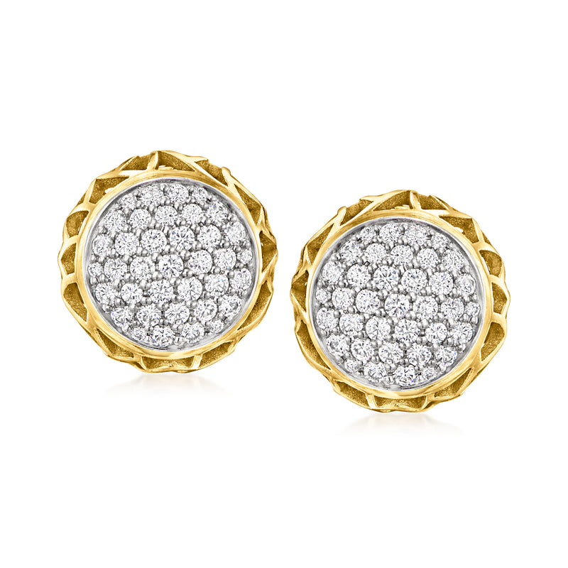 Round diamond cluster earrings with yellow-gold scalloped border and platinum center.