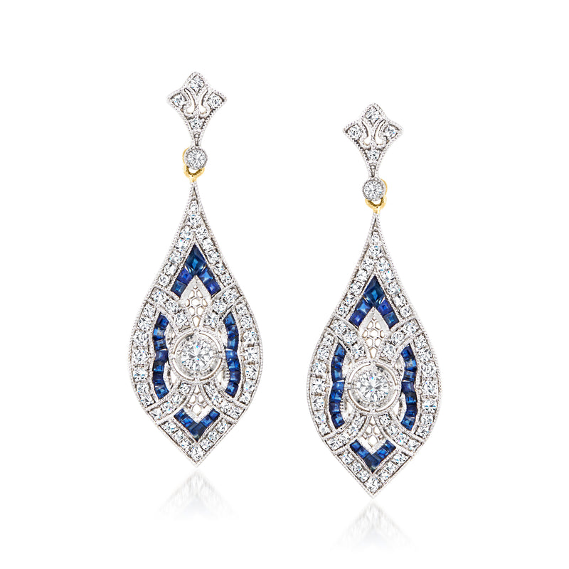 Two-tone gold filigree drop earrings with round diamonds and blue sapphire accents