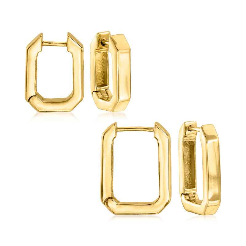 Gold over sterling paper clip link hoop earrings, faceted square hoops set of 2 pairs