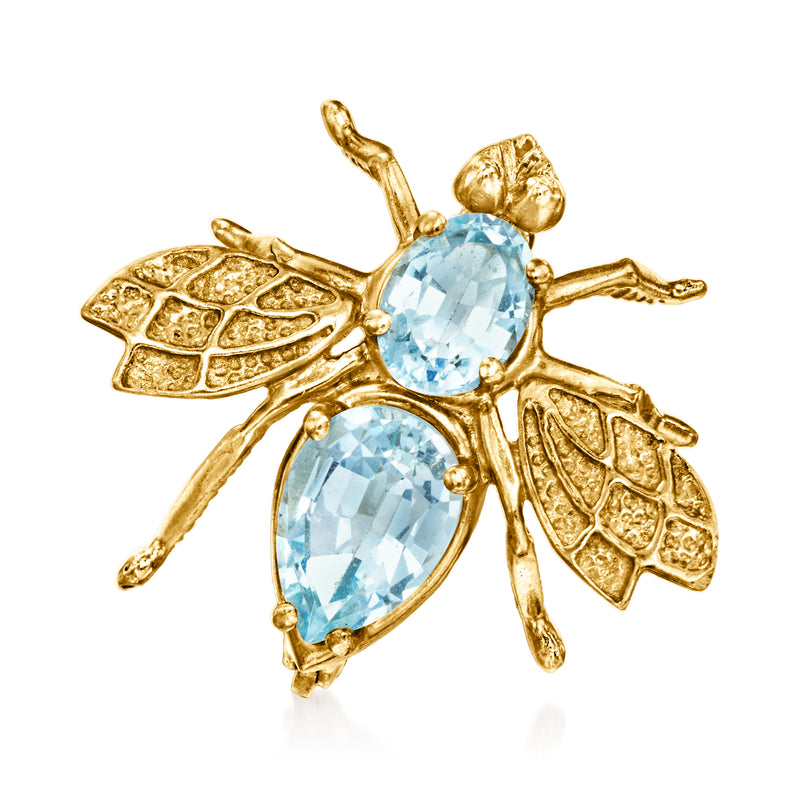14kt yellow gold bumblebee pin with sky-blue topaz oval stones and leaf details