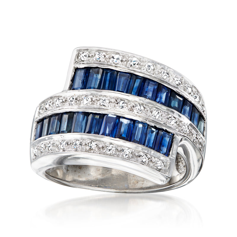 Vintage 14kt white gold bypass ring with sapphire and diamond rows