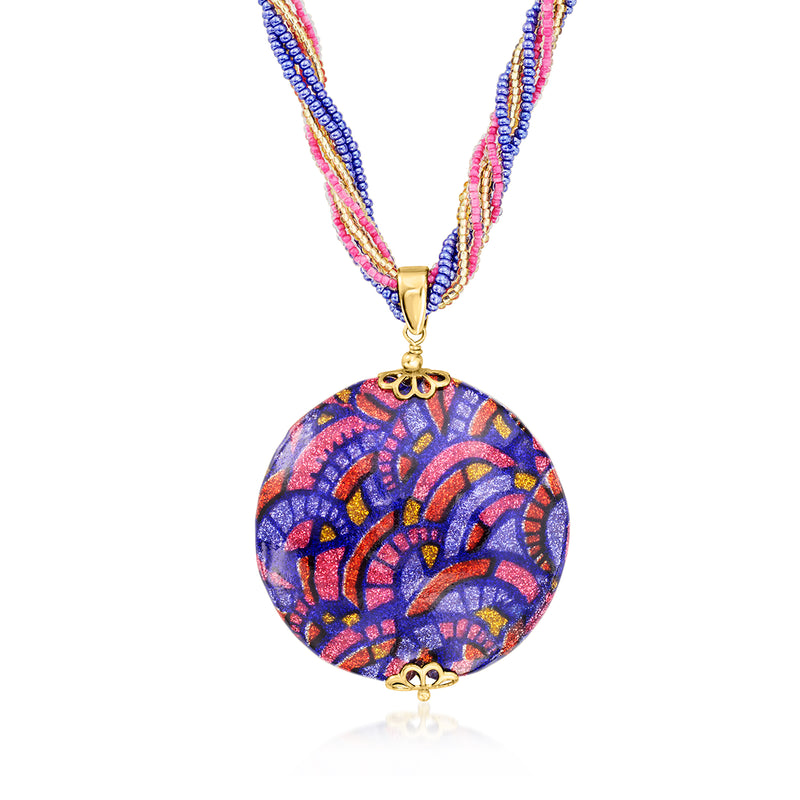 Multicolored Murano glass pendant necklace with round blue and pink pendant, gold bail