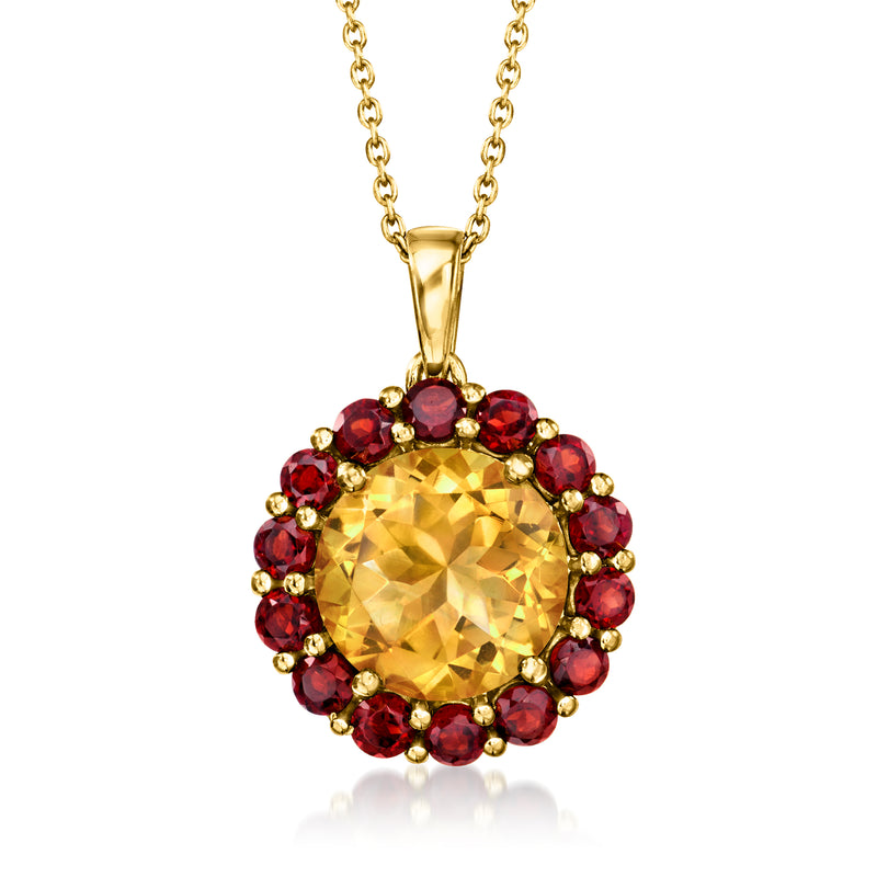 Round citrine pendant with red garnet halo on gold chain, adjustable neckline style