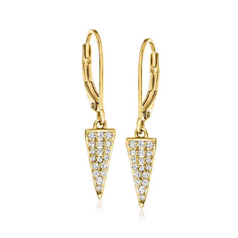 Gold over sterling triangle drop earrings with small diamond accents; leverback closures