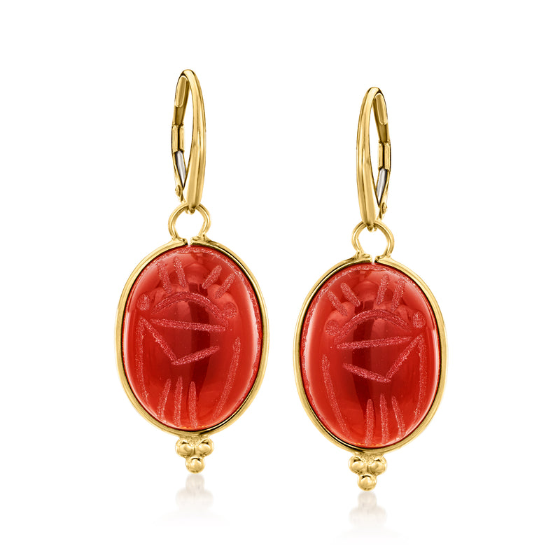 Gold drop earrings: oval red carnelian scarab relief with leverback closures