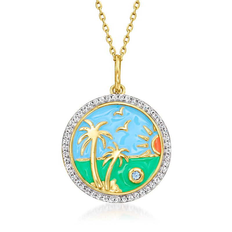 Round beach pendant necklace with gold chain; blue/green enamel with palm tree scene