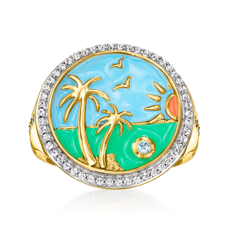 Gold-tone oval enamel beach ring with palm trees, blue sky, and crystal halo