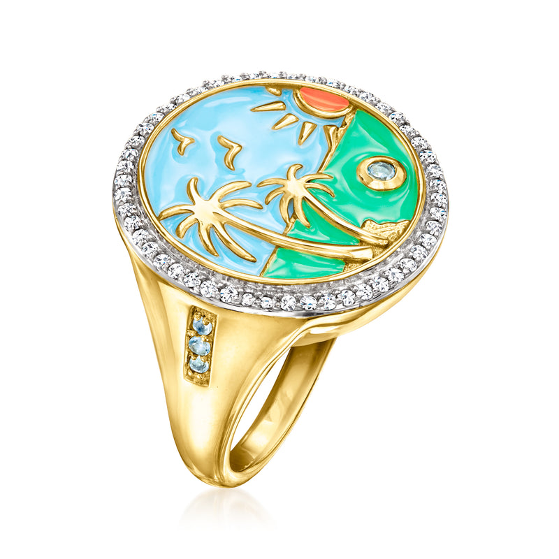 Gold over sterling beach ring with white topaz, blue topaz, and enamel palm design