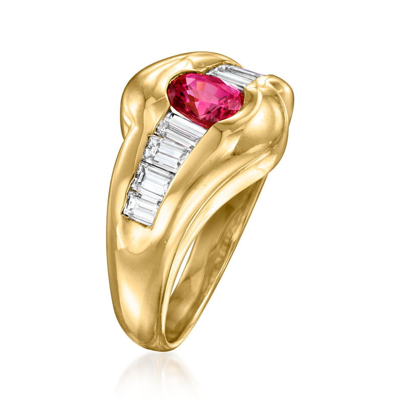 Yellow gold ring with oval pink-red ruby prong-set and baguette diamond channel accents