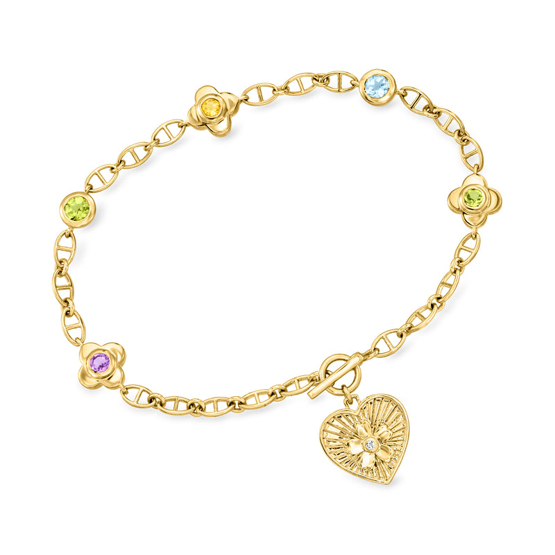 Gold over sterling gemstone heart toggle bracelet with floral swirl charms and round links