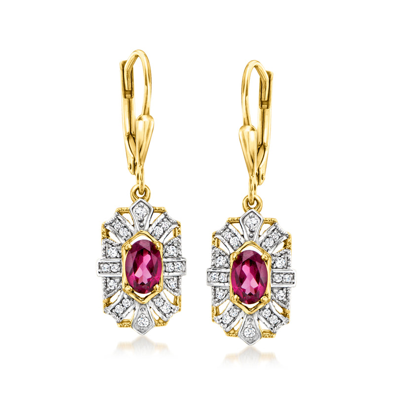 Rhodolite garnet and diamond drop earrings, oval purple stone with floral halo, leverback