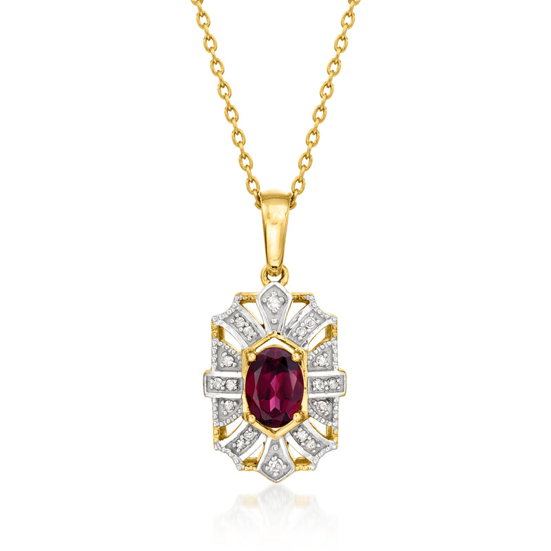 Gold vermeil pendant necklace with maroon rhodolite center and diamond halo on chain