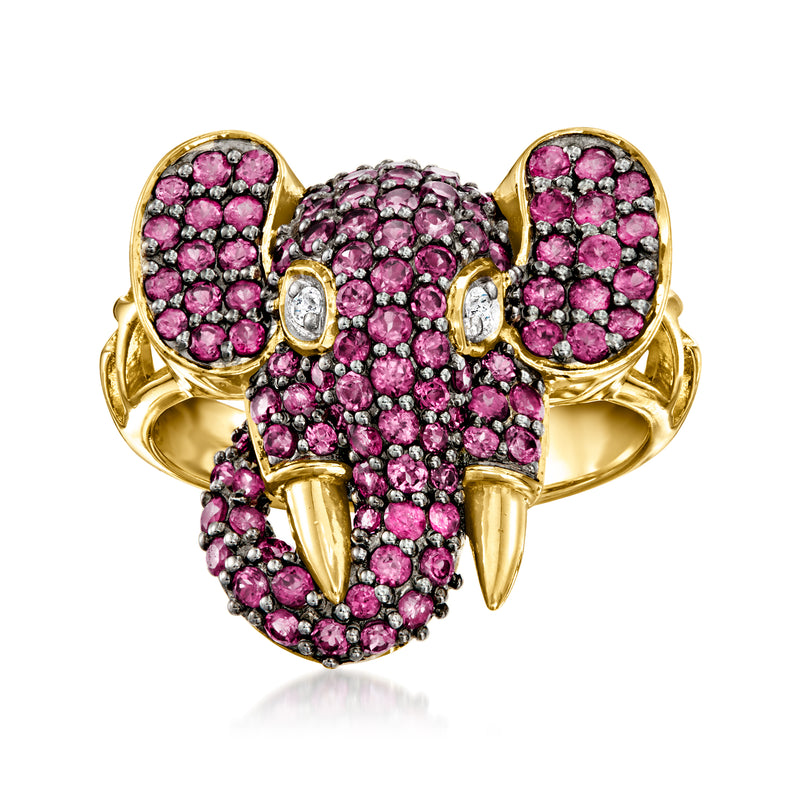 18kt gold elephant ring with pink rhodolite stones and white topaz accents