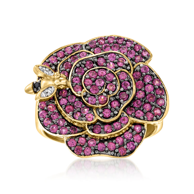 Gold over sterling gemstone ring with vivid pink round stones and ornate swirl frame