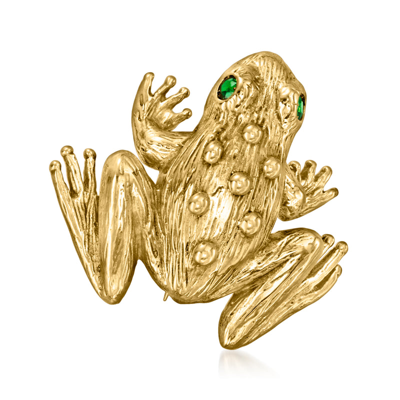 Vintage 18kt yellow gold frog pin with green gemstone eyes and textured ridged detailing