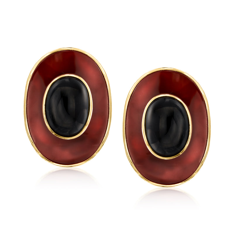 Vintage clip-on earrings with oval carnelian and black onyx cabochons in yellow gold