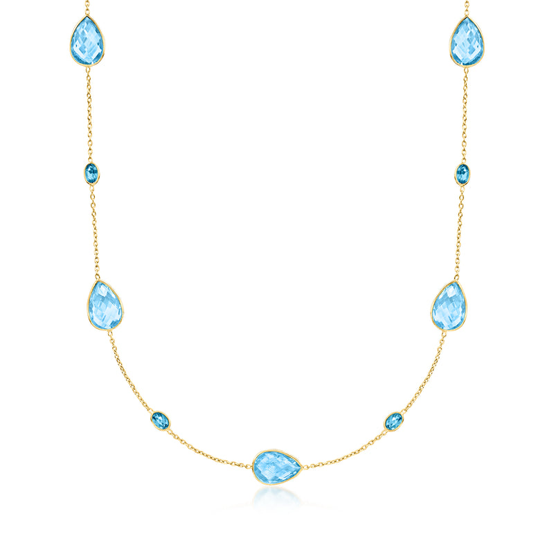 Gold station necklace with Swiss blue and London blue topaz teardrop gems