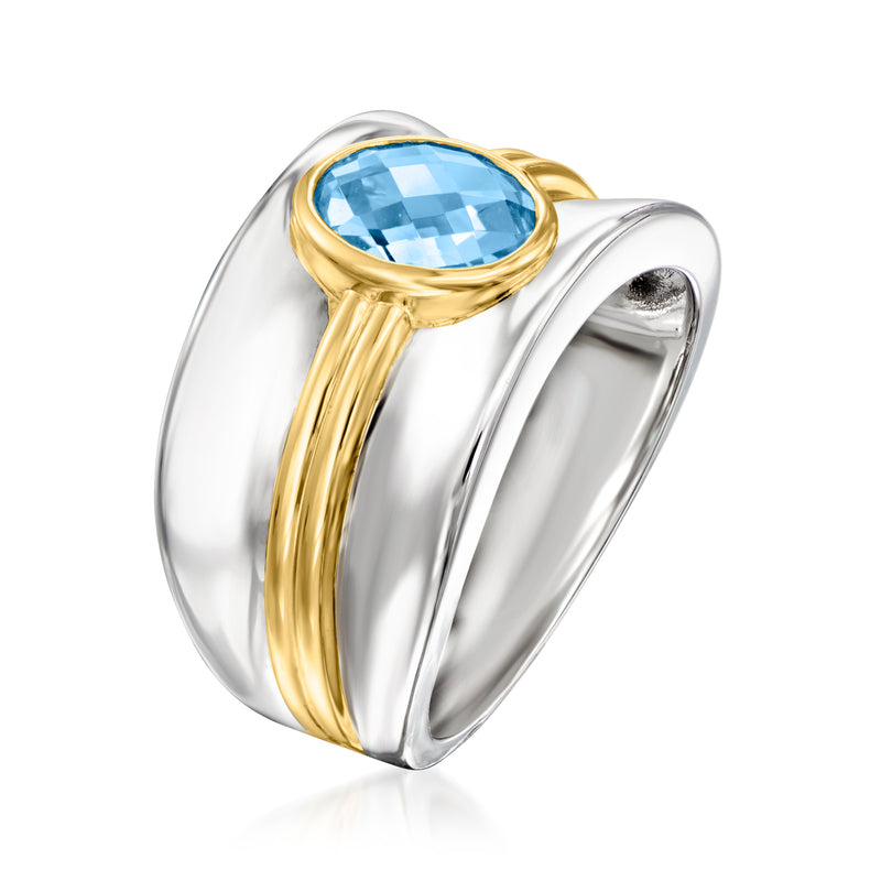 Two-tone sterling silver and gold-tone ring with oval blue gemstone bezel