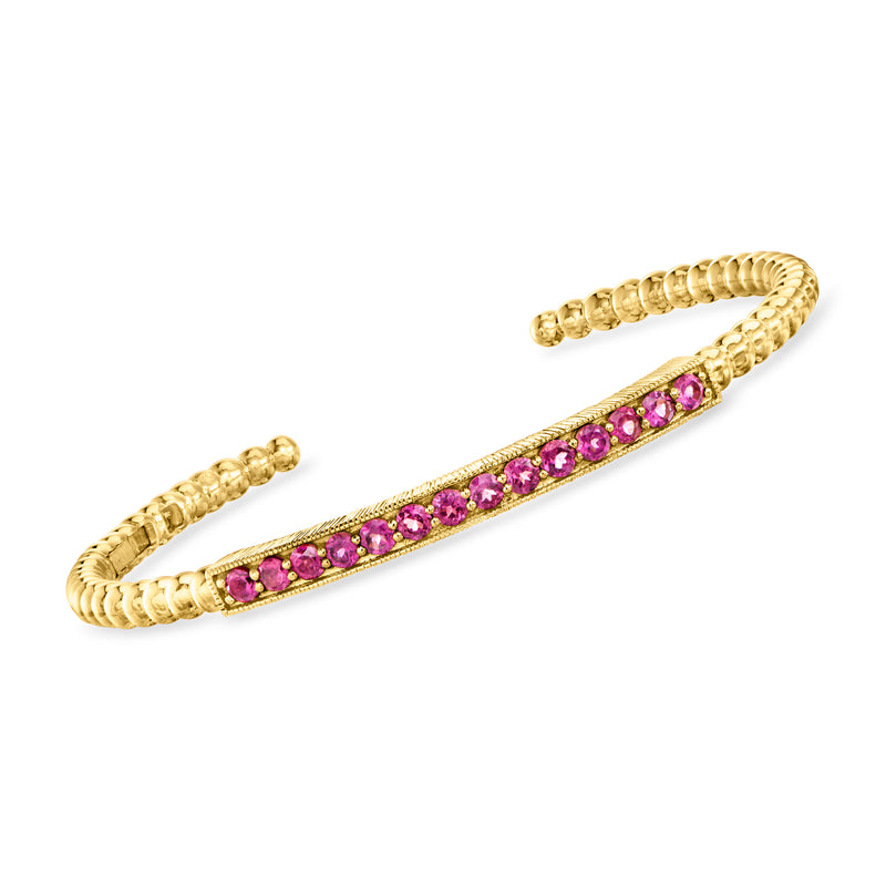 Rhodolite garnet beaded cuff bracelet in 18kt gold over sterling with pink gemstone row