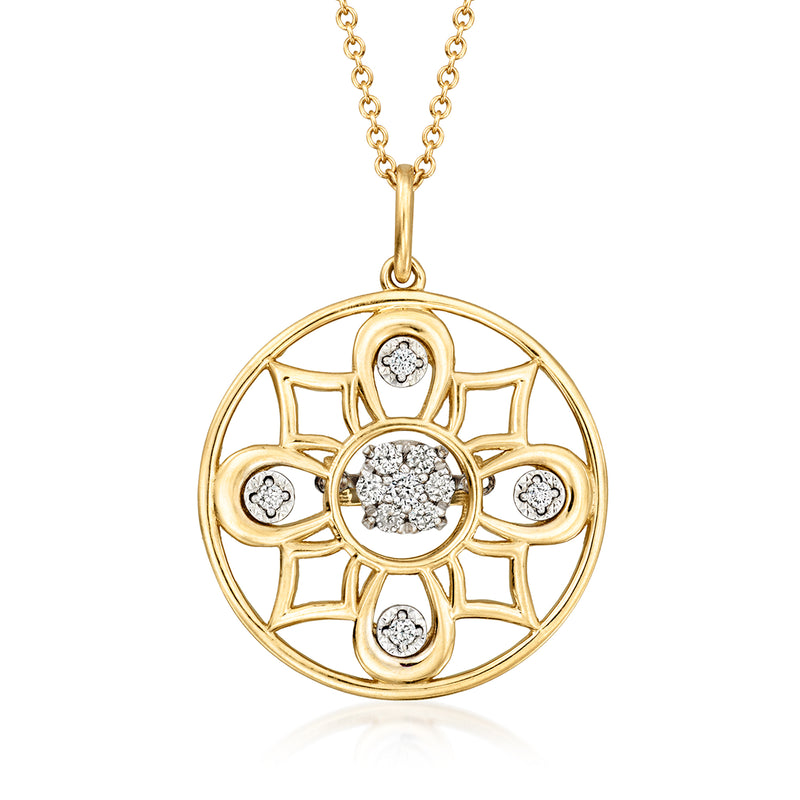 14kt yellow gold openwork diamond pendant necklace, round floral design