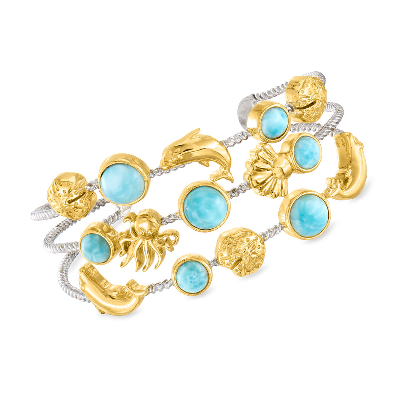 Two-tone sterling silver cuff bracelet with blue round stones and sea life charms