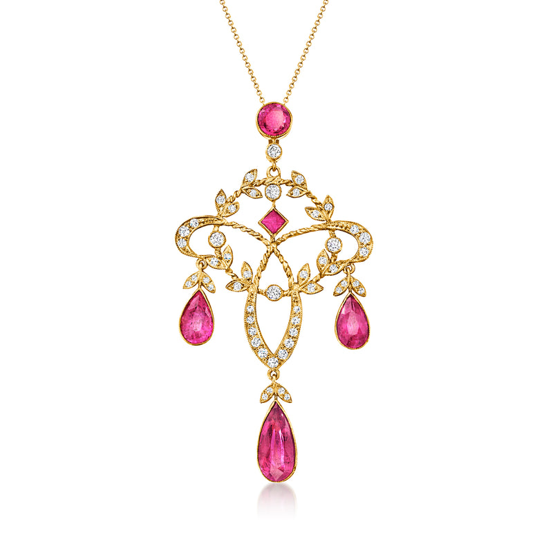 18kt yellow gold chandelier pendant necklace with pink tourmaline and diamond accents
