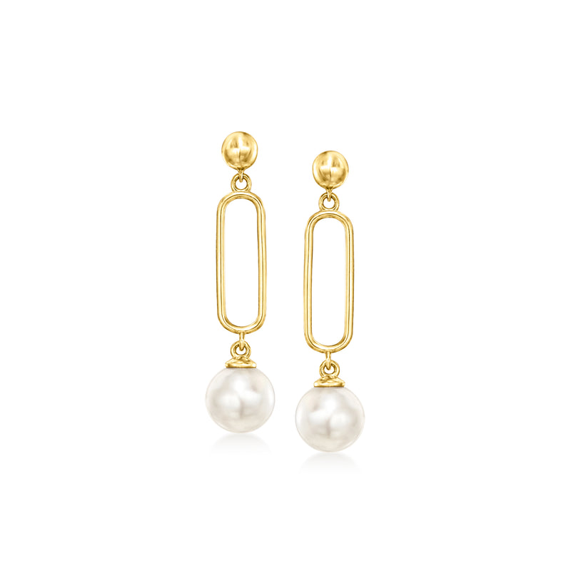 14kt yellow gold drop earrings with cultured pearl and rectangular gold frame