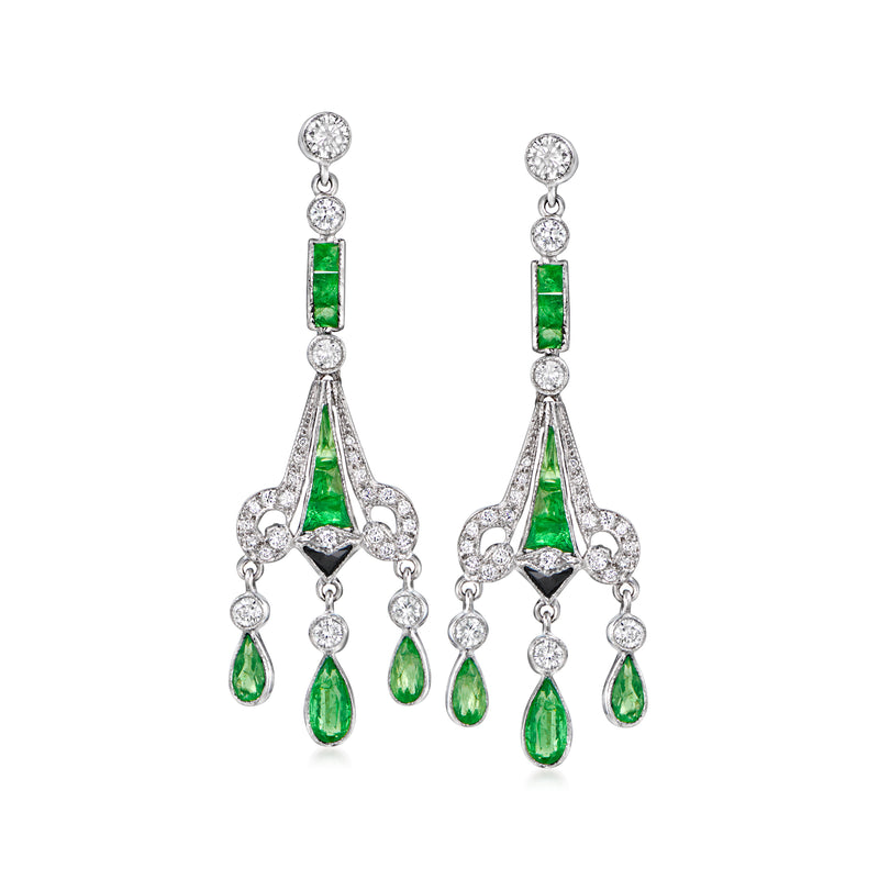 Vintage chandelier earrings with green tsavorite stones and diamond accents, drop
