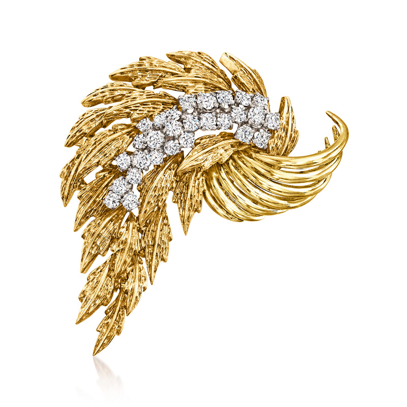 Vintage 18kt yellow gold diamond leaf swirl pin