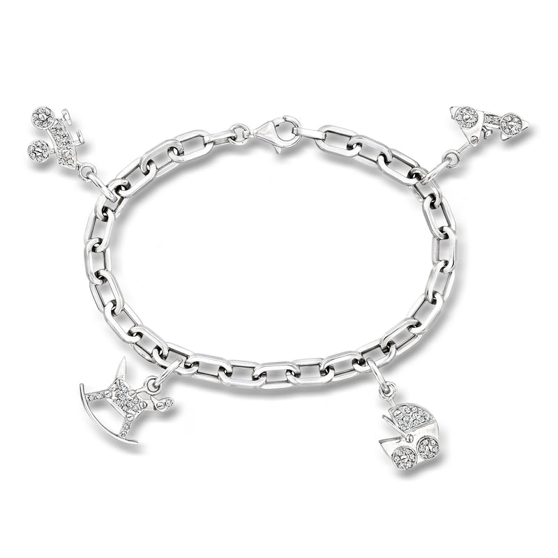 18kt white gold link bracelet with diamond charms, including a letter C