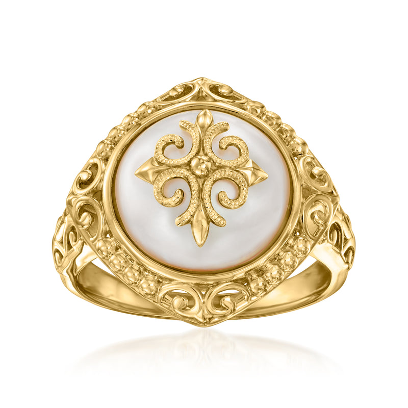 Gold over sterling mabe pearl filigree ring with round bezel and ornate center