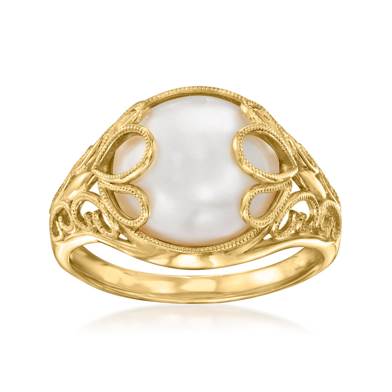 18kt gold over sterling ring with oval mabe pearl and milgrain scalloped border