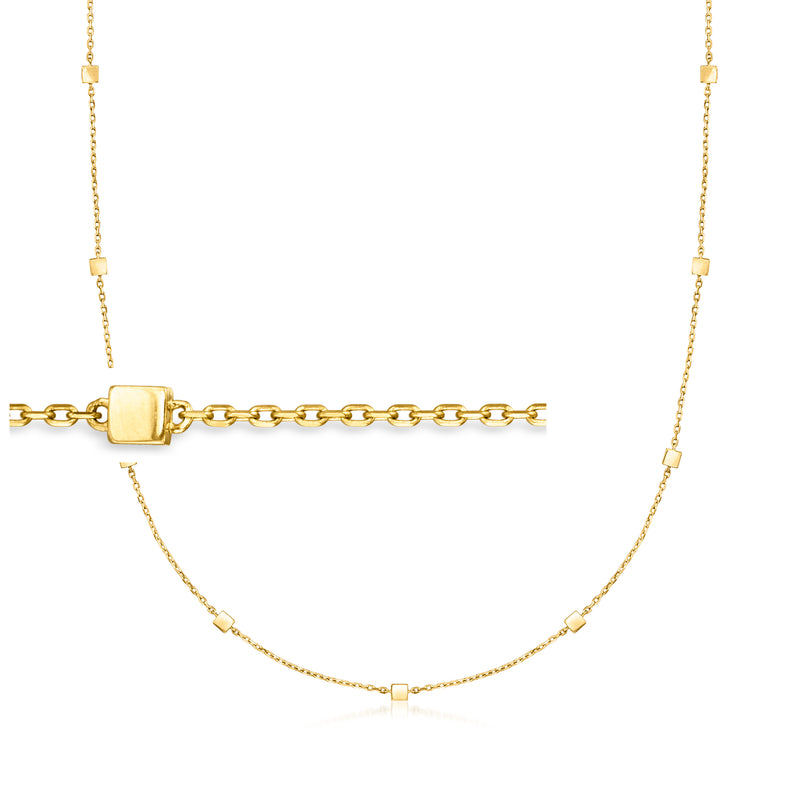 14kt yellow gold cube station necklace with small square stations and link chain
