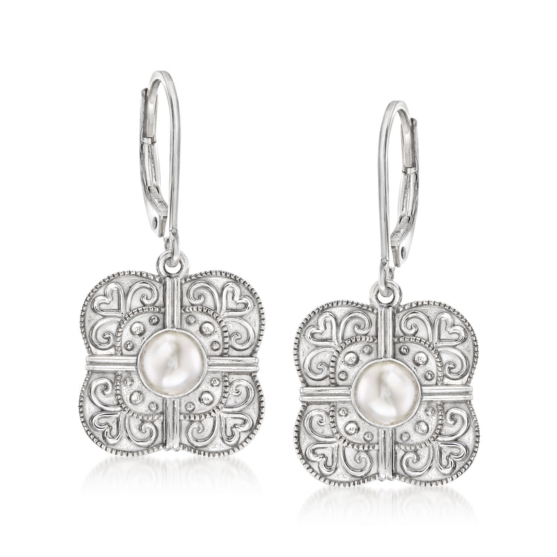 Sterling silver leverback drop earrings with filigree medallion and white cultured pearl center