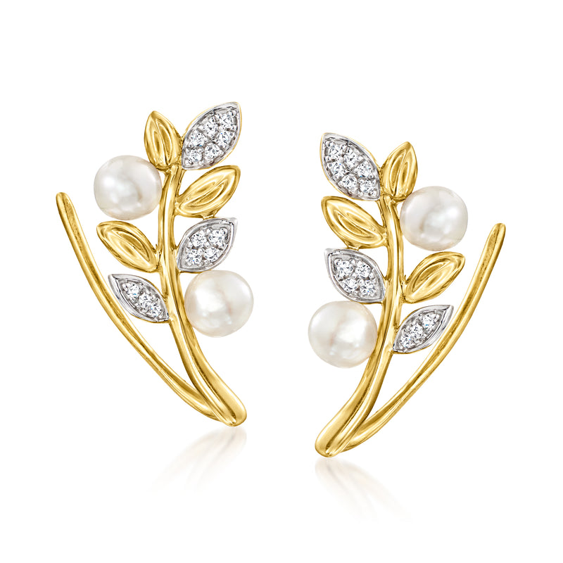 14kt yellow gold pearl and diamond leaf ear climber earrings with earwire (pair)